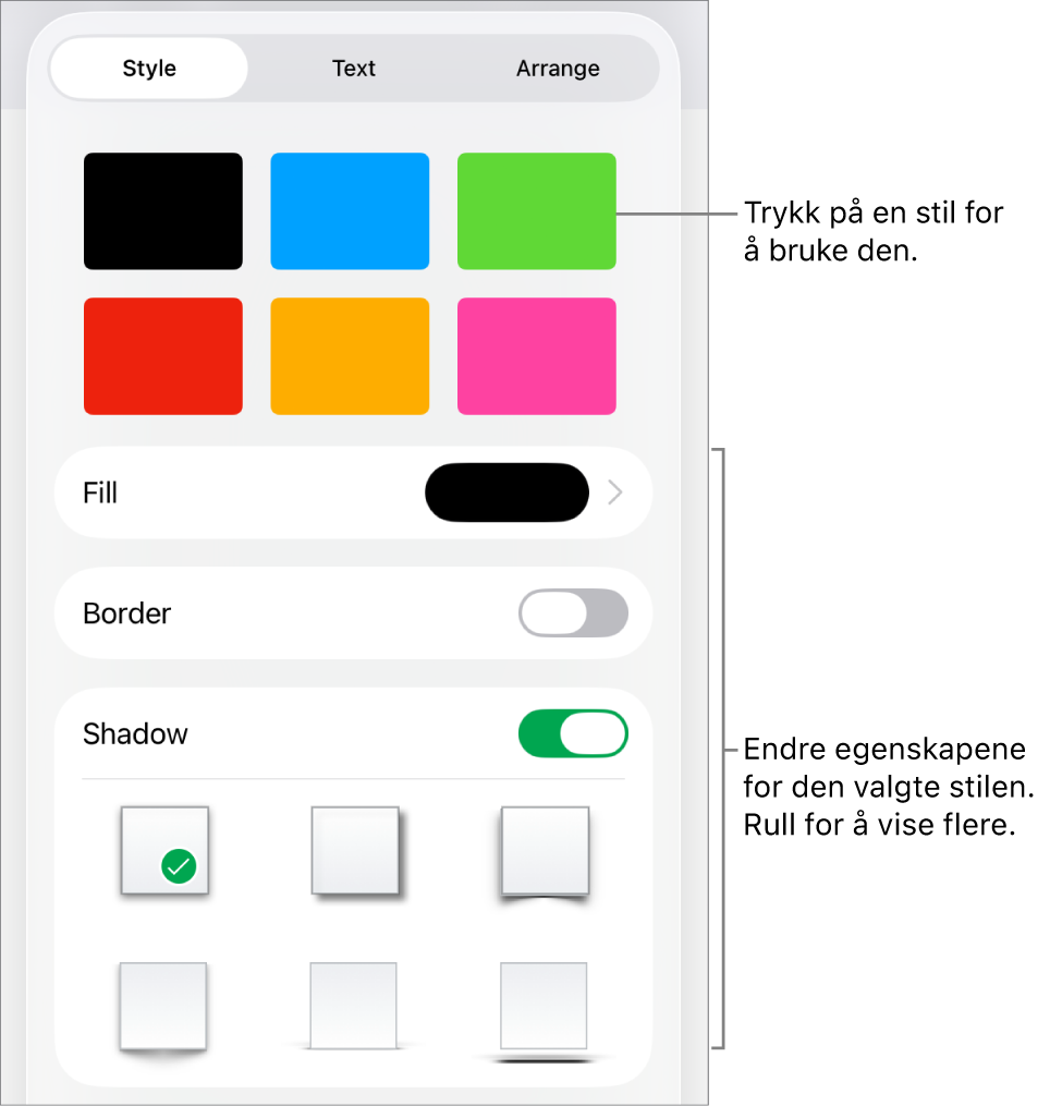 Stil-fanen i Format-menyen, med figurstiler øverst og kontroller under for å endre fyll, kantlinje og skygge.