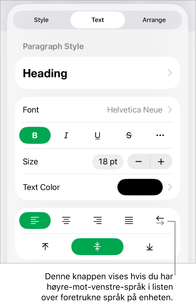 Stil-delen for Format-menyen med en bildeforklaring for Høyre til venstre-knappen.
