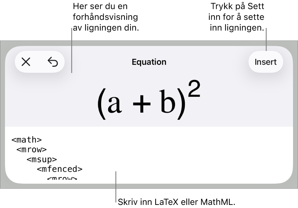 Ligning-dialogruten, som viser en formel skrevet med MathML-kommandoer, og en forhåndsvisning av formelen ovenfor.