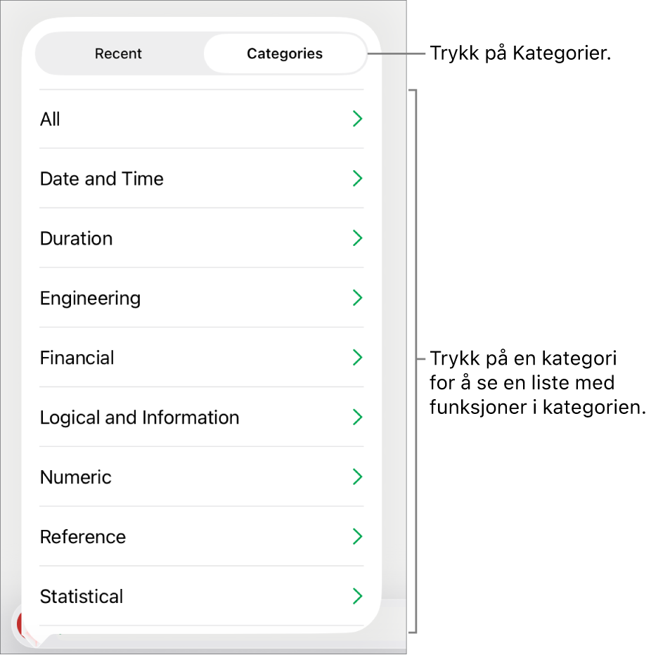 Funksjonsnavigeringen med Kategorier-knappen markert, og listen med kategorier nedenfor.
