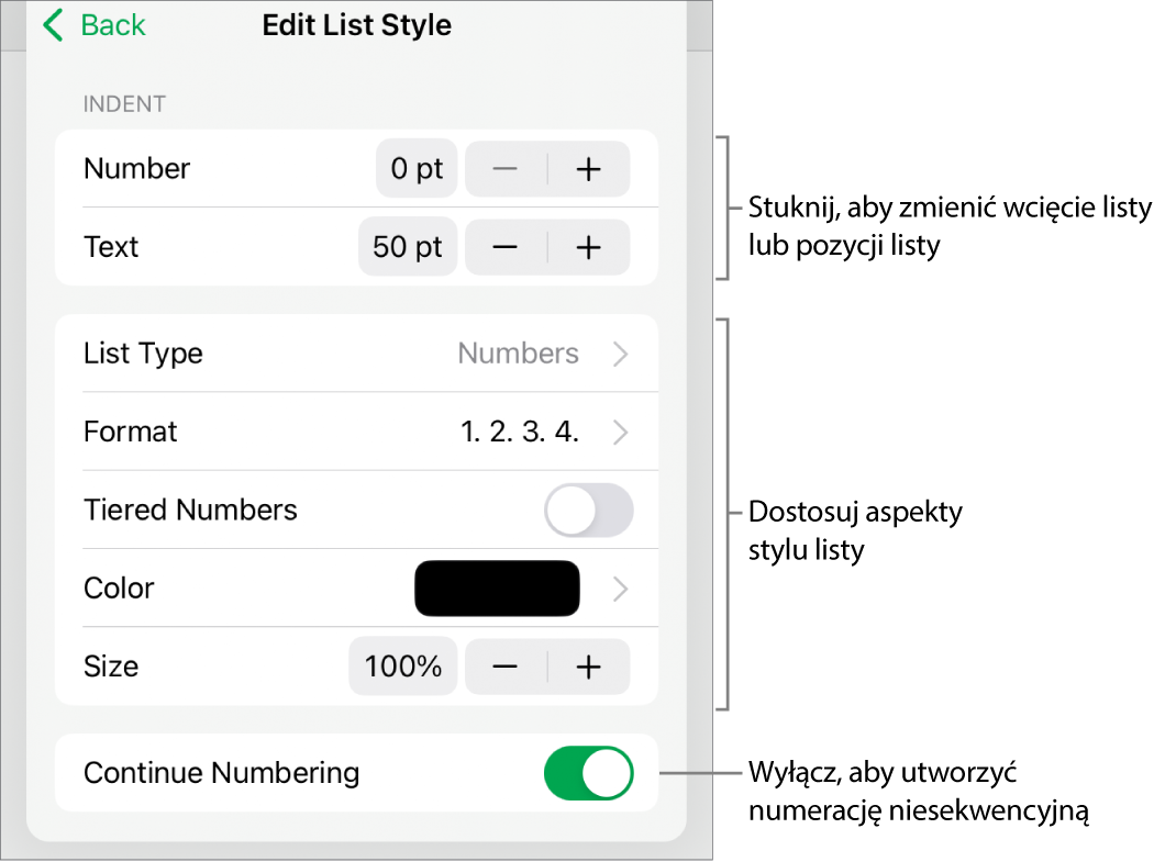 Menu Edycja stylu listy z narzędziami sterującymi wielkością wcięcia, typem i formatem listy, numerami warstw, kolorem i rozmiarem listy oraz numeracją ciągłą.