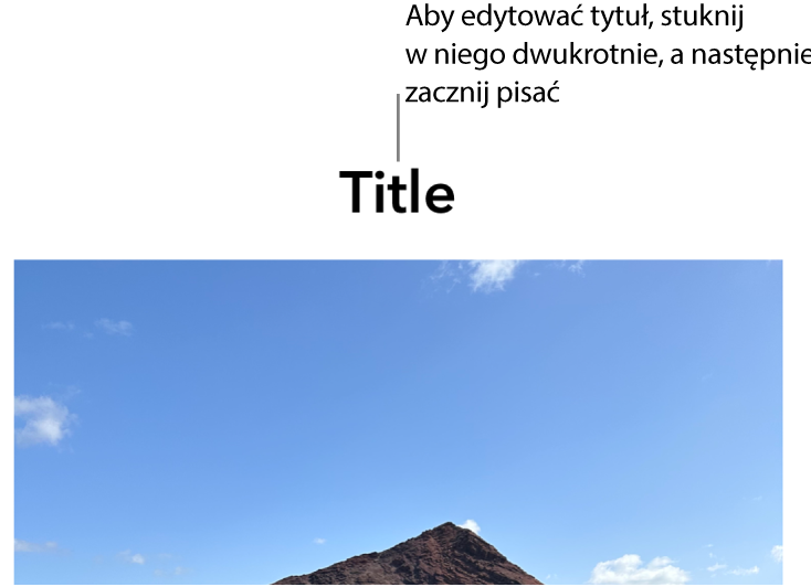 Tytuł zastępczy o treści „Tytuł” widoczny powyżej zdjęcia. Niebieska ramka wokół pola tytułu wskazuje, że jest on zaznaczony.