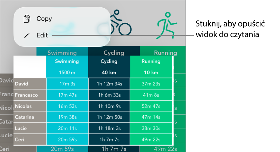 Zaznaczona komórka tabeli z widocznym powyżej menu kontekstowym zawierającym przyciski Kopiuj oraz Edycja.