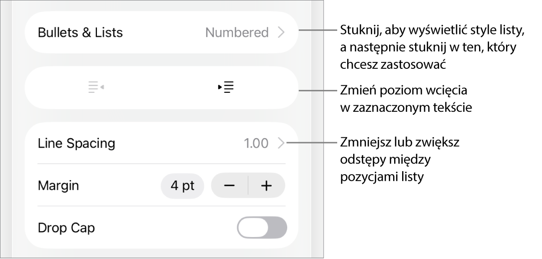 Sekcja Punktory i listy w narzędziach Format. Objaśnienia wskazują przyciski Punktory i listy, Wysunięcie oraz Wcięcie, a także narzędzia odstępów między wierszami.