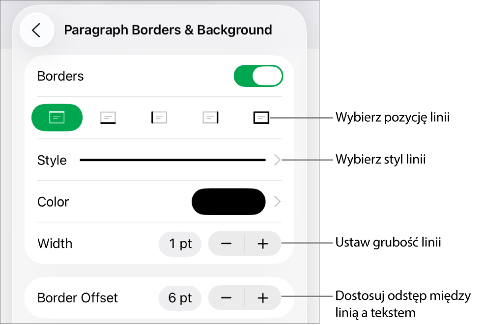 Narzędzia zmieniania stylu, grubości, pozycji i koloru linii.