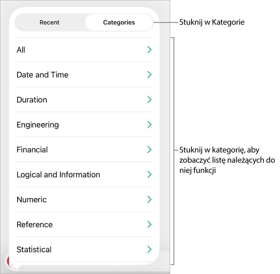 Przeglądarka funkcji z zaznaczonym przyciskiem Kategorie oraz wyświetloną poniżej listą kategorii.