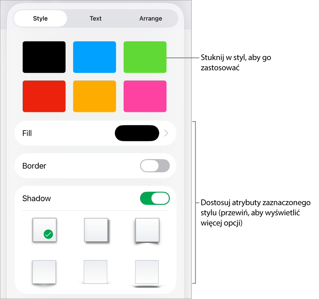 Karta Styl w menu Format, zawierająca na górze style kształtów, a poniżej narzędzia pozwalające na zmienianie wypełniania, krawędzi i cienia.