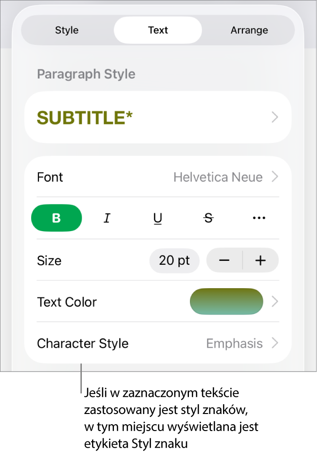 Narzędzia formatowania tekstu oraz menu stylów znaków widoczne poniżej narzędzi koloru. Styl znaków Brak wyświetlany jest z gwiazdką.