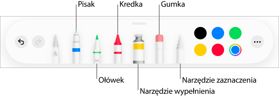 Pasek narzędzi rysowania: pisak, ołówek, kredka, wypełnianie, gumka i zaznaczanie. Oprócz nich widoczna jest także paleta kolorów, zawierająca bieżący kolor. Po prawej stronie znajduje się przycisk Więcej.