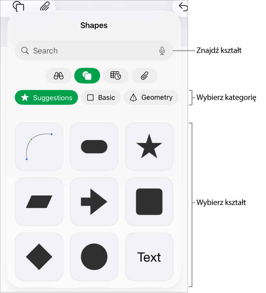 Biblioteka kształtów, na górze widoczne są kategorie, a na dole kształty. Możesz użyć znajdującego się na górze pola wyszukiwania, aby wyszukiwać kształty. Przesuń palcem, aby zobaczyć ich więcej.