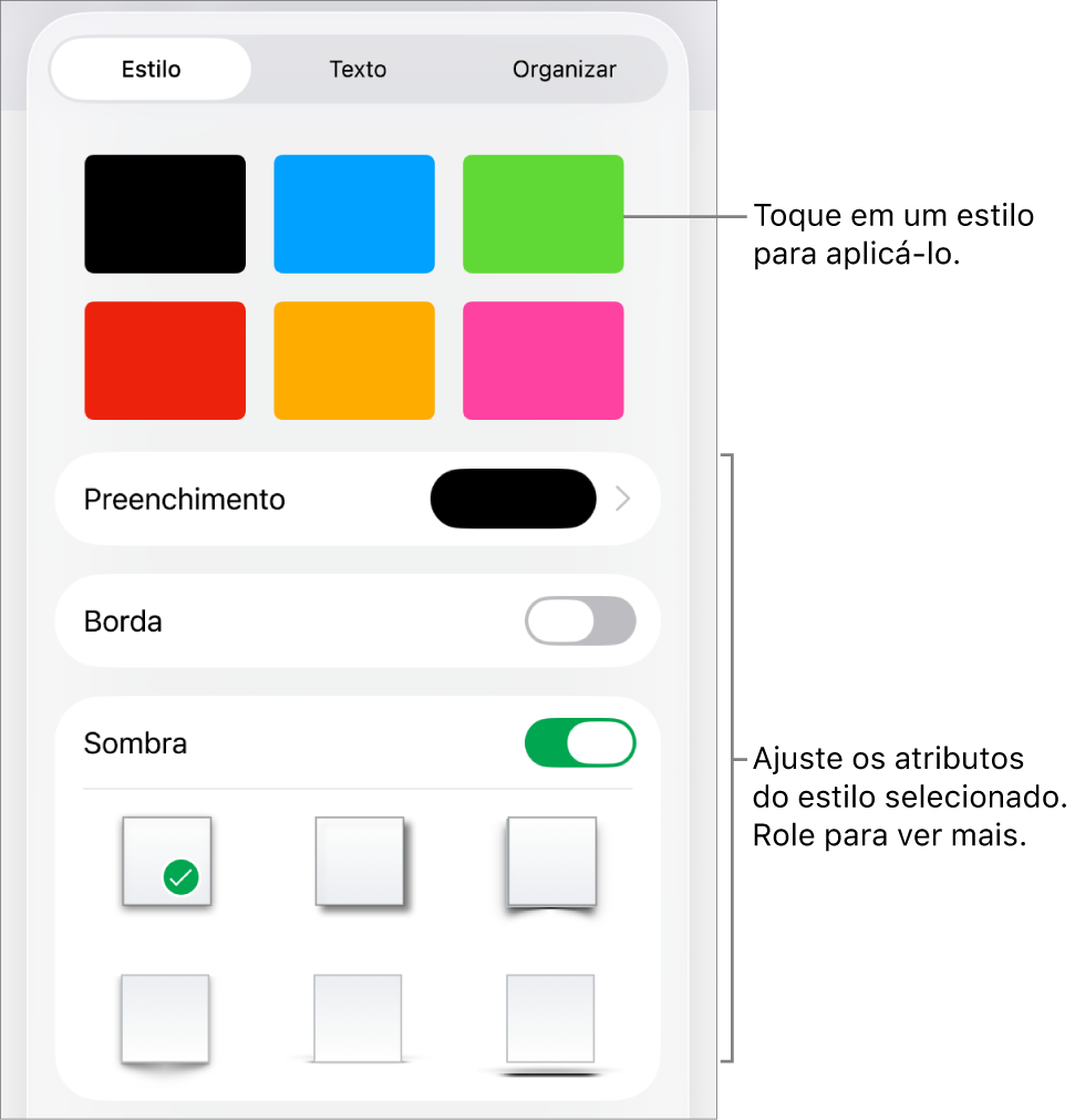 A aba Estilo do menu Formatar, com estilos de objetos na parte superior e controles abaixo para alterar o preenchimento, a borda e a sombra.