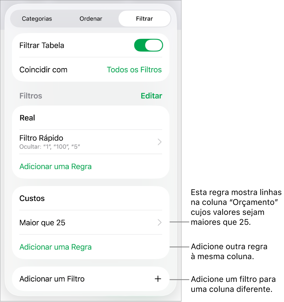 Controles para adicionar novas regras de filtragem ou editar as existentes.