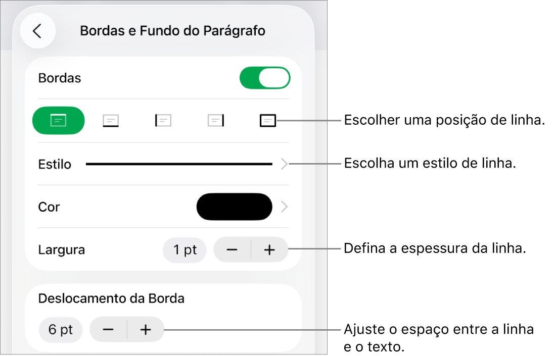 Controles para alterar o estilo, a espessura, a posição e a cor da linha.
