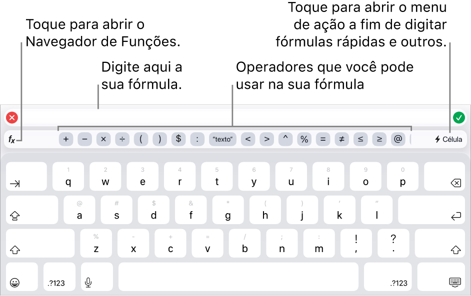 O teclado de fórmulas com o Editor de Fórmula acima e os operadores utilizados nas fórmulas, abaixo. O botão Funções, para abrir o Navegador de Funções, está à esquerda dos operadores e o botão Ação do menu está à direita.