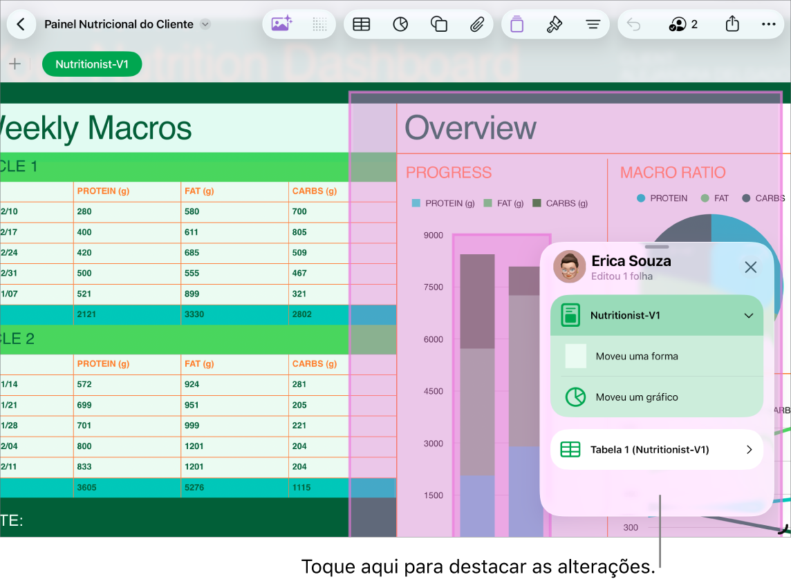 Uma planilha colaborativa com a lista de atividades aberta.