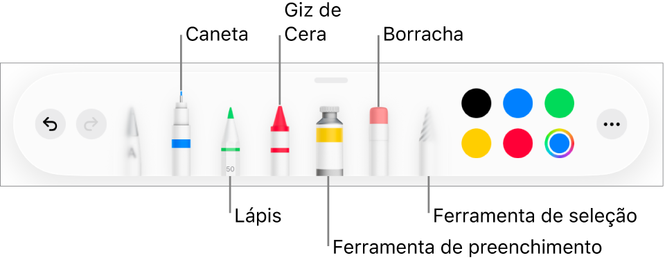 Barra de ferramentas de desenho com caneta, lápis, giz de cera, ferramenta de preenchimento, borracha, ferramenta de seleção e disco de cores mostrando a cor atual. Na extrema direita, está o botão do menu Mais.