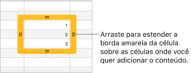 Célula selecionada com uma grande borda amarela que você pode arrastar para preencher células automaticamente.