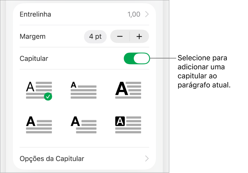 Controles Capitular localizados no menu Texto.