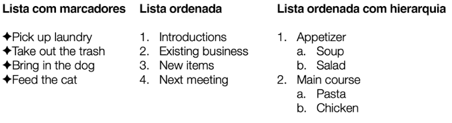 Exemplos de listas com marcadores, ordenadas e ordenadas com hierarquia.