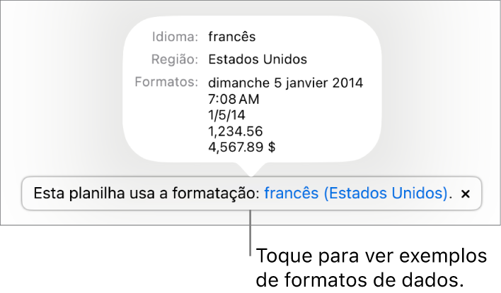 A notificação da configuração diferente de idioma e região, com exemplos de formatação no idioma e região diferentes.
