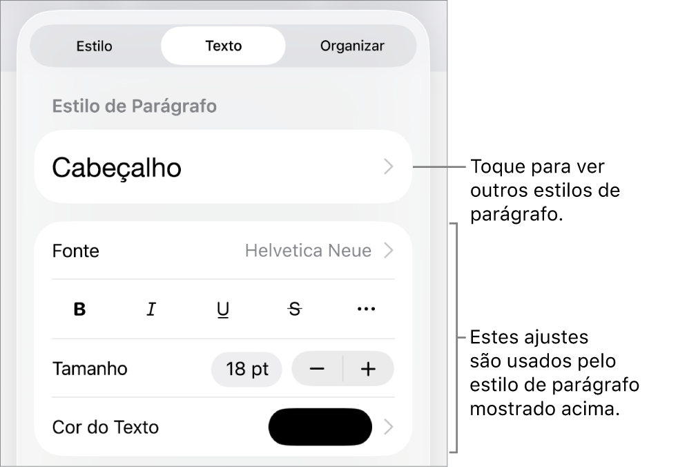 O menu Formatar, mostrando controles de texto para definir estilo, fonte, tamanho e cor de caractere e parágrafo.