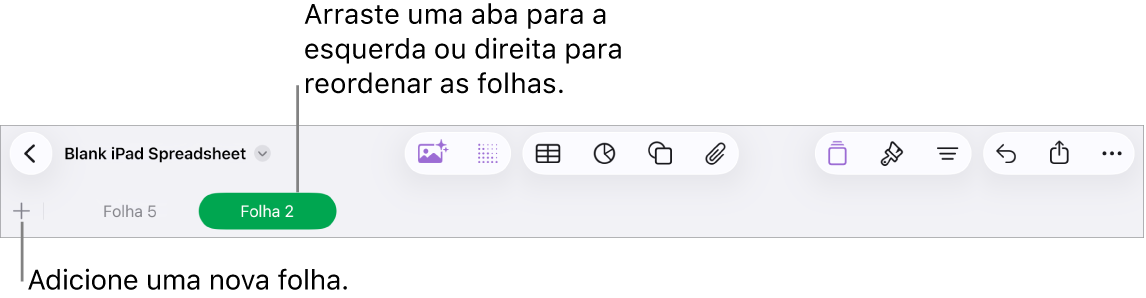 Barra de abas para adicionar uma nova folha, navegar, reorganizar e reorganizar folhas.
