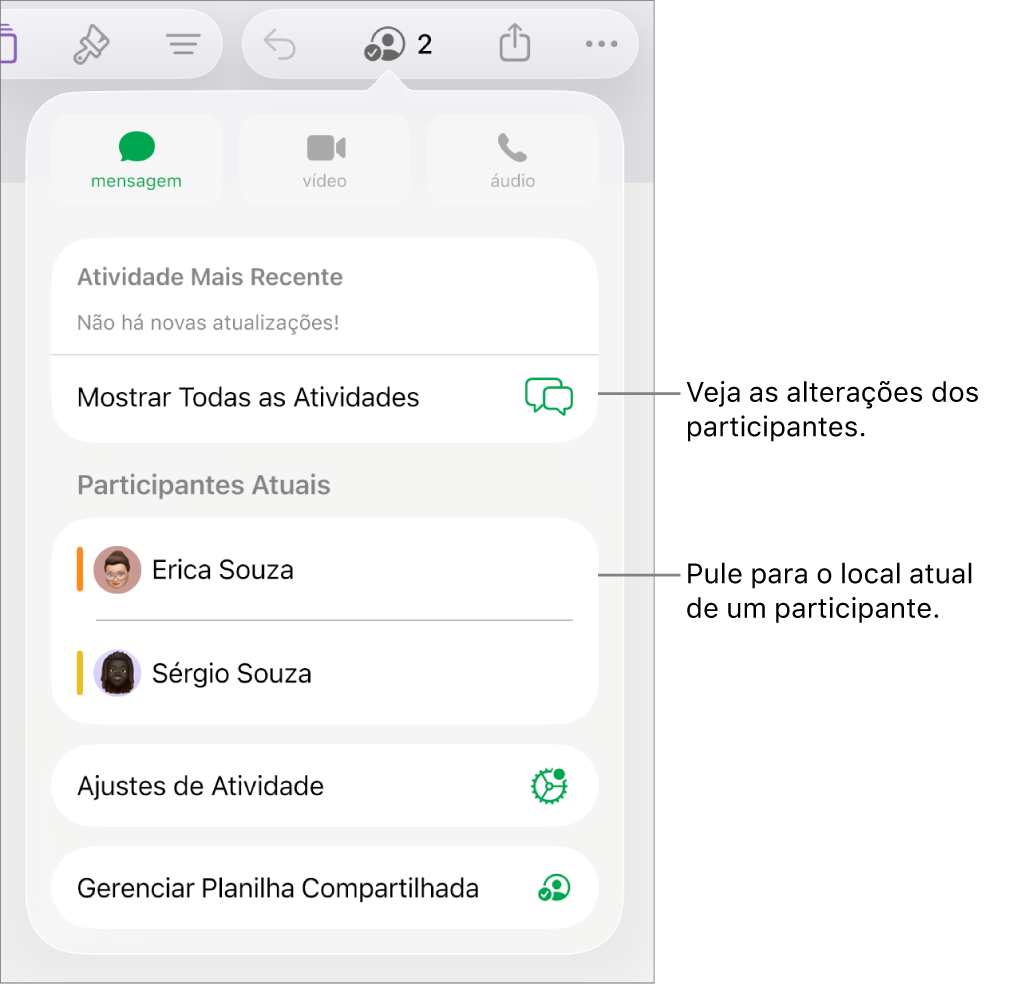 Menu de colaboração com participantes atuais listados.