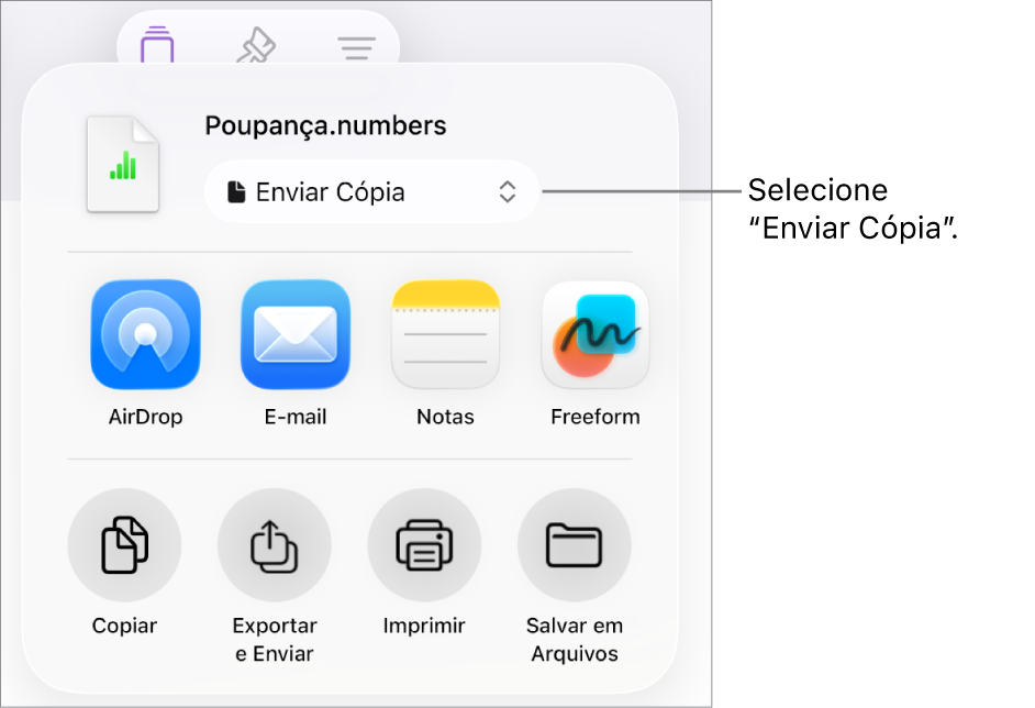 Menu Compartilhar com “Enviar Cópia” selecionado na parte superior.