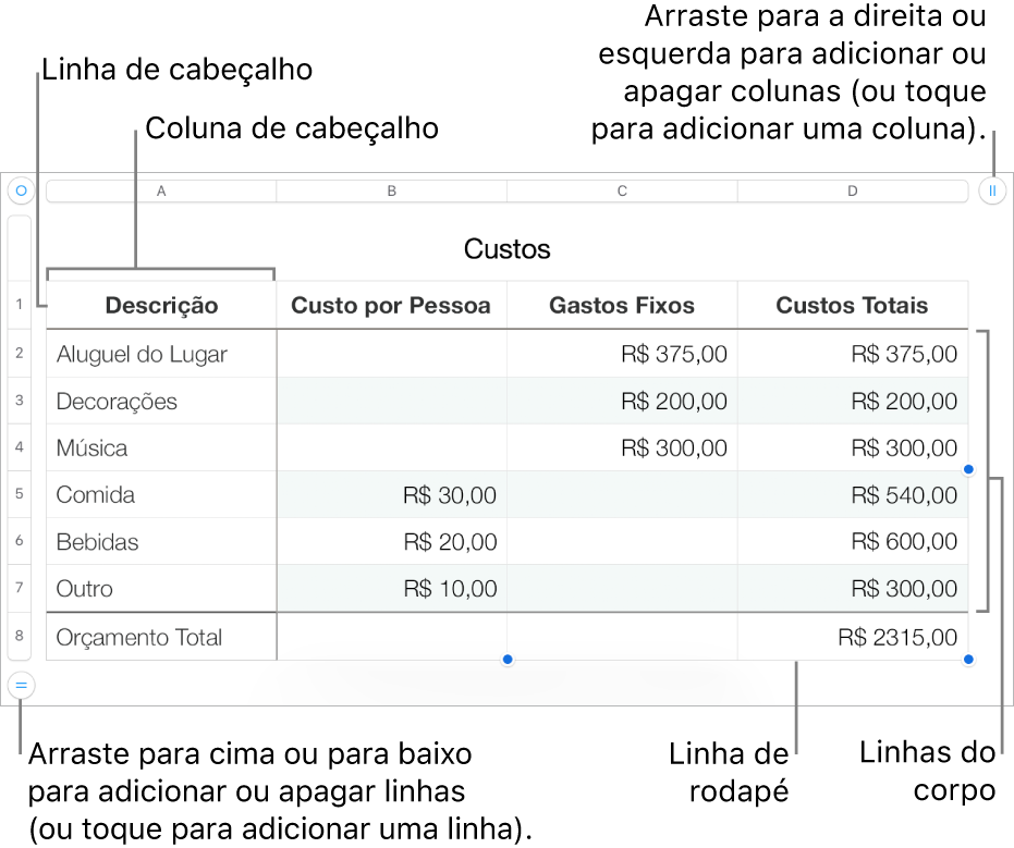 Tabela mostrando linhas e colunas de cabeçalho, corpo e rodapé, além de puxadores para adicionar ou apagar linhas ou colunas.