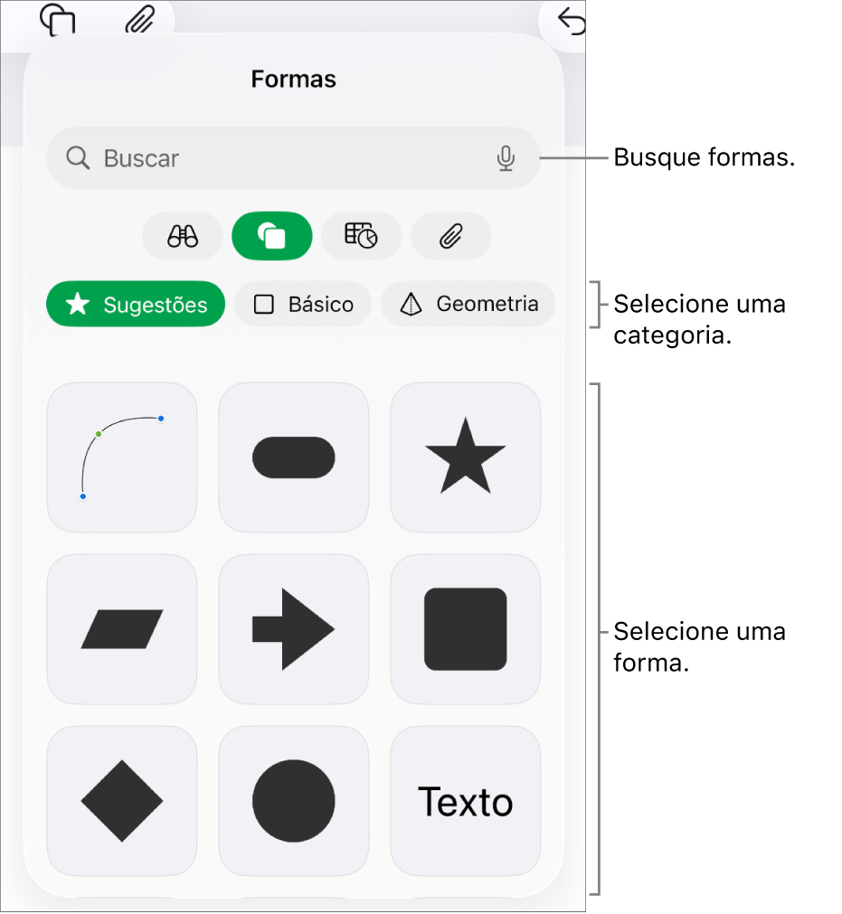 A biblioteca de formas, com categorias na parte superior e formas exibidas abaixo. Você pode utilizar o campo de pesquisa na parte superior e deslizar para ver mais.