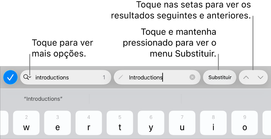 Os controles em Buscar e Substituir acima do teclado, com chamadas para os botões Opções de Busca, Substituir, Ir para Cima e Ir para Baixo.