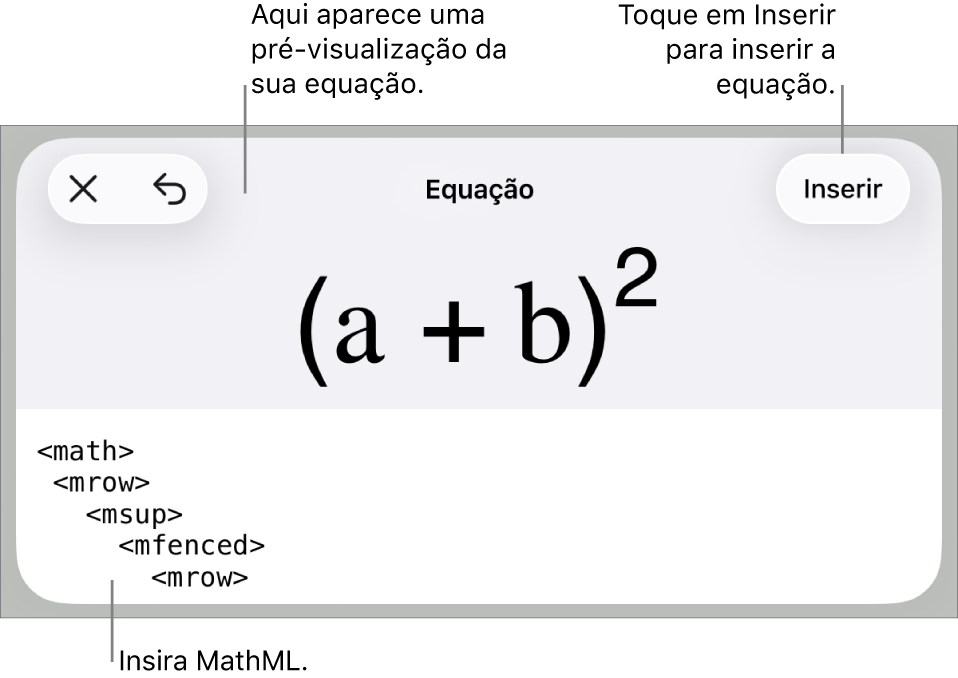 O diálogo de Equação, mostrando uma equação escrita com comandos MathML e uma pré-visualização da fórmula acima.