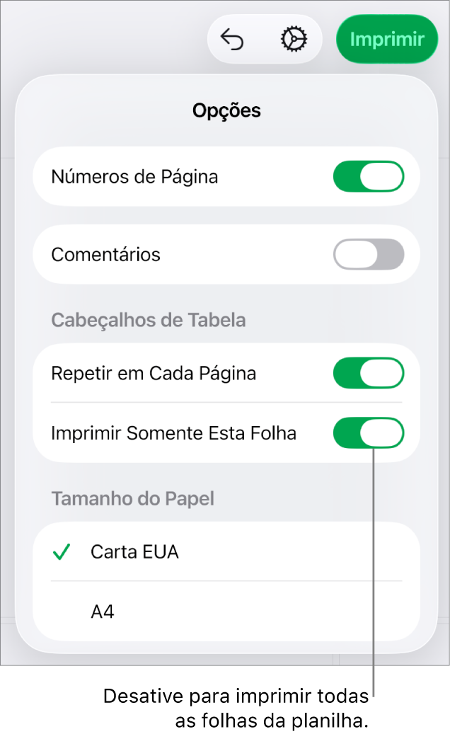 O painel de visualização de impressão, com controles para mostrar números de página, repetir cabeçalhos em cada página, alterar o tamanho do papel e optar por imprimir toda a planilha ou apenas a folha atual.