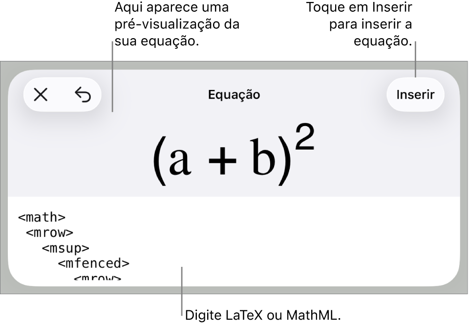 O diálogo de Equação, mostrando uma equação escrita com comandos MathML e uma pré-visualização da fórmula acima.