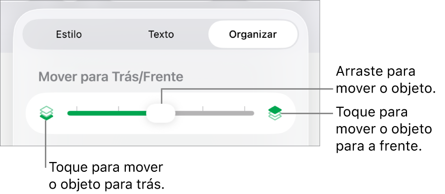 Botão Mover para Trás, botão Mover para a Frente e controle deslizante de camada