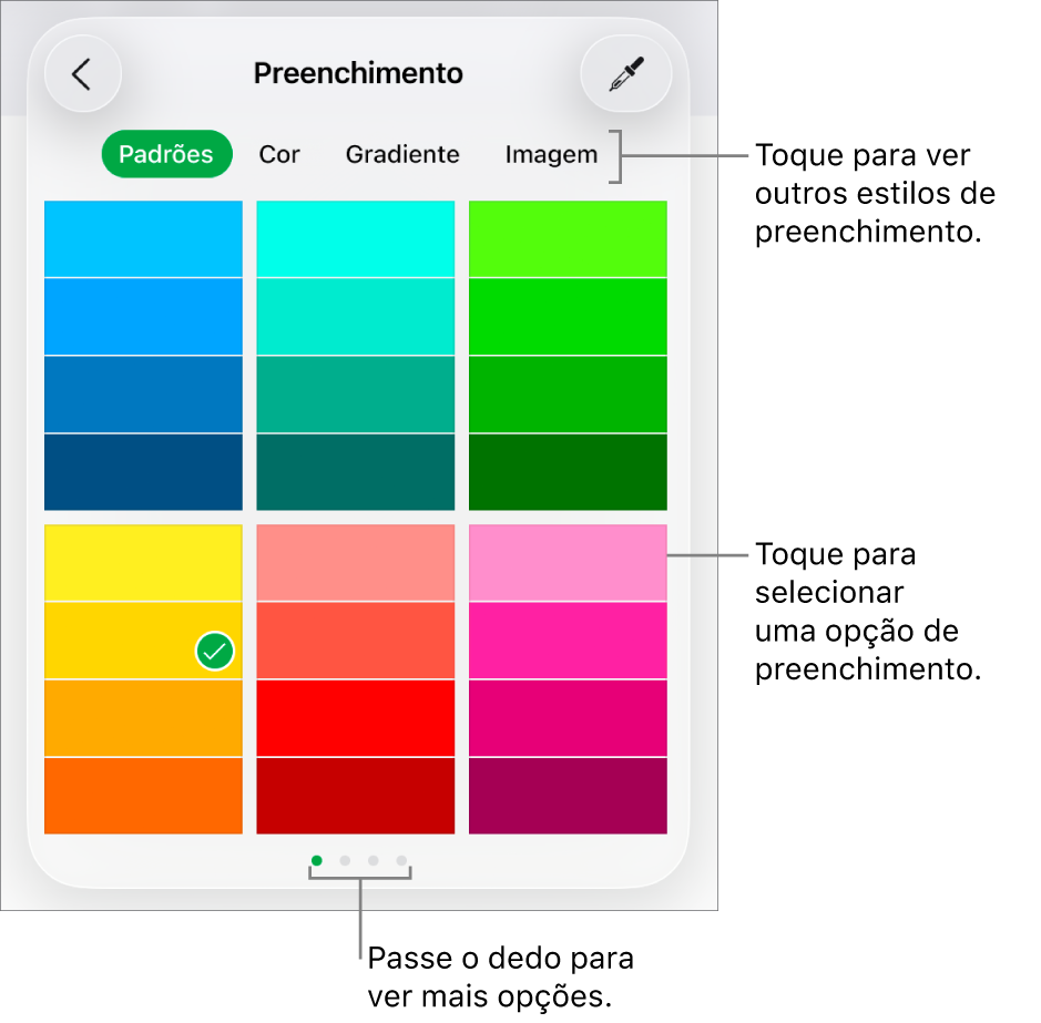 Opções de preenchimento na aba Estilo do botão Formatar.