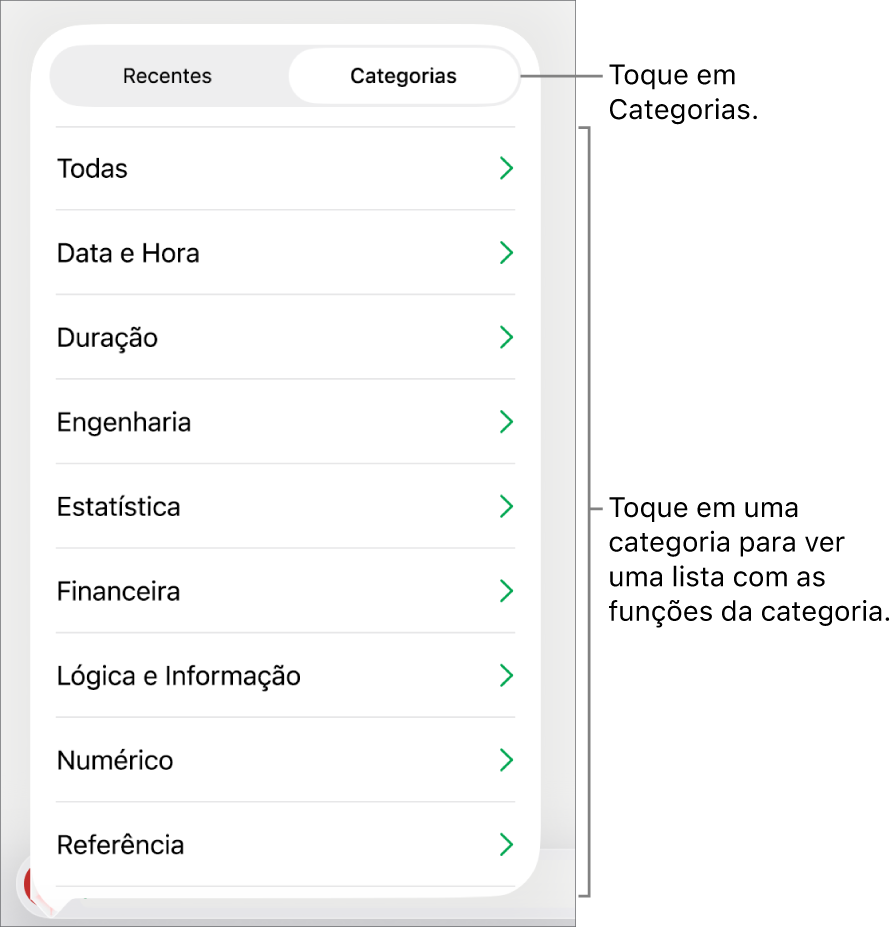 O Navegador de Funções com o botão Categorias selecionado e a lista de categorias abaixo dele.