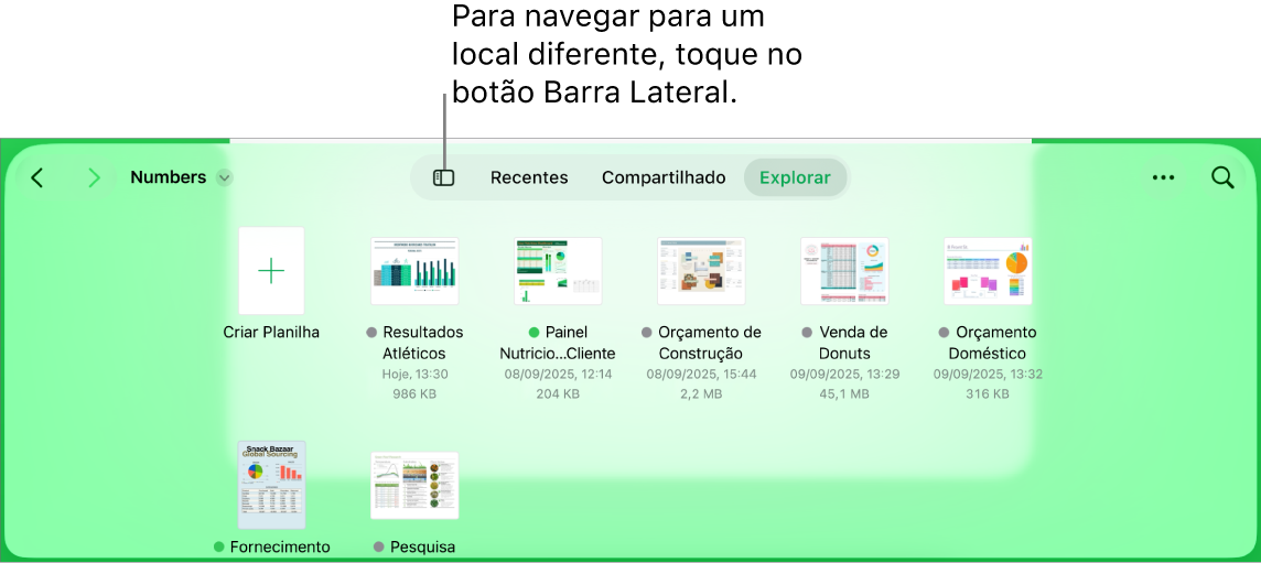 A visualização de navegação do gerenciador de documentos com um link de local no canto superior esquerdo e abaixo um campo de Busca. No canto superior direito estão o botão Adicionar Planilha, o botão Nova Pasta, um menu pop-up para selecionar visualização como ícones ou em lista e para filtrar por nome, data, tamanho, tipo e etiqueta, e o botão Selecionar. Abaixo, encontram-se miniaturas de planilhas existentes.