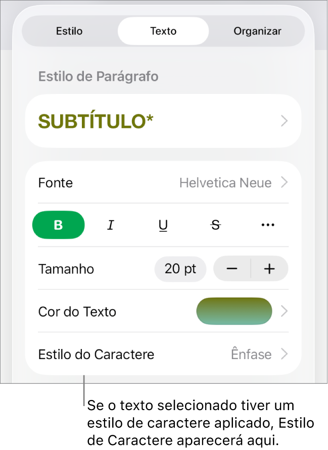 Os controles de formatação de texto com “Estilo de Caractere” abaixo dos controles de cor. O estilo de caractere Nenhum aparece com um asterisco.