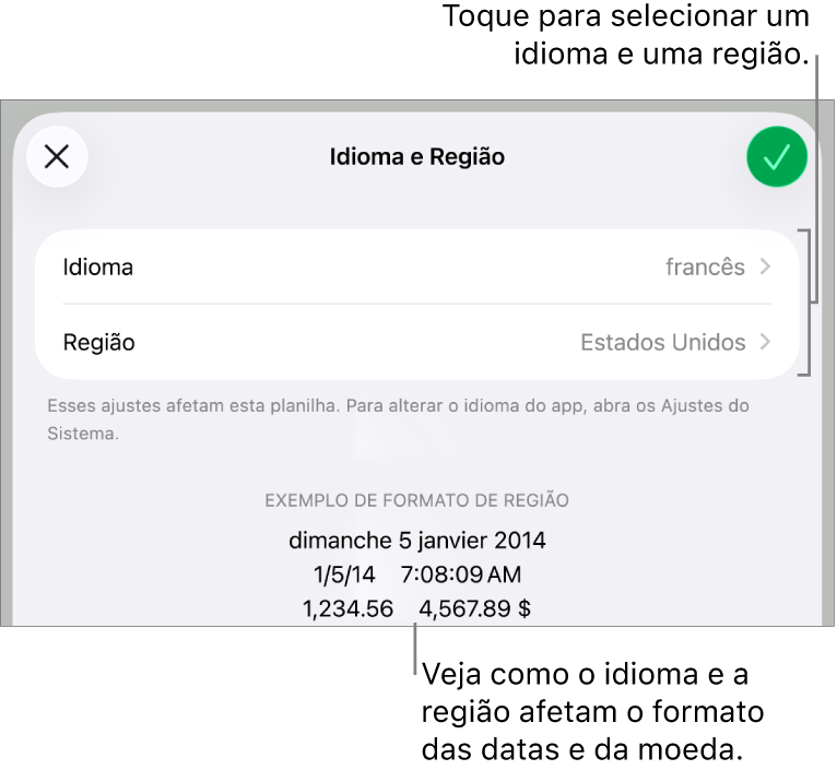 Painel de Idioma e Região com controles para idioma e região e um exemplo de formatação, incluindo data, hora, decimal e moeda.