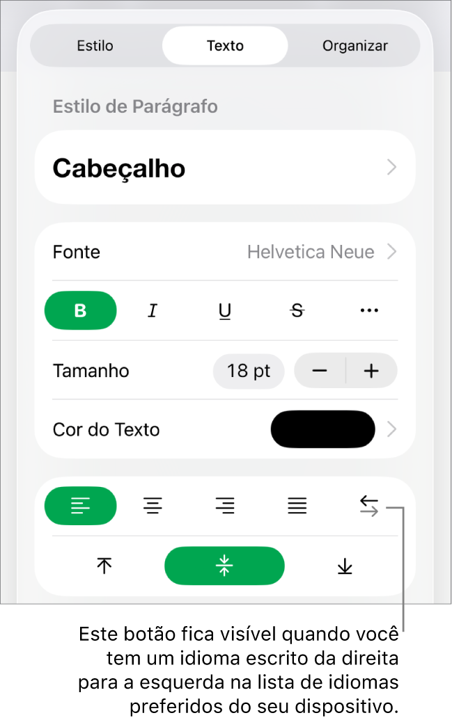 Seção Estilo do botão Formatar com balão explicativo para o botão bidirecional.