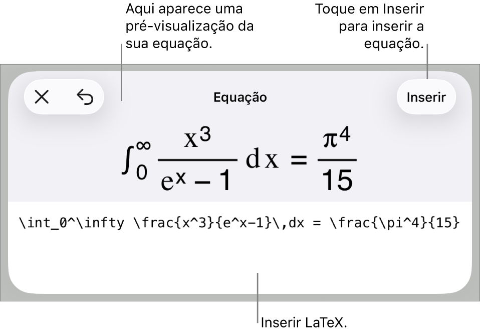 O diálogo de Equação, mostrando uma equação escrita com comandos LaTex e uma pré-visualização da fórmula acima.