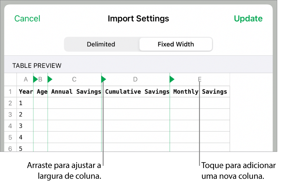 As definições de importação para um ficheiro de texto de largura fixa.