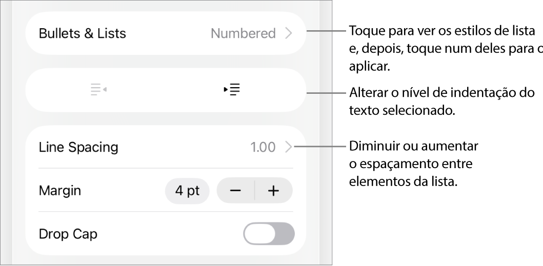 A secção “Marcas e listas” dos controlos de “Formatação” com chamadas para “Marcas e listas”, botões de remover indentação e de indentação e controlos de espaçamento.