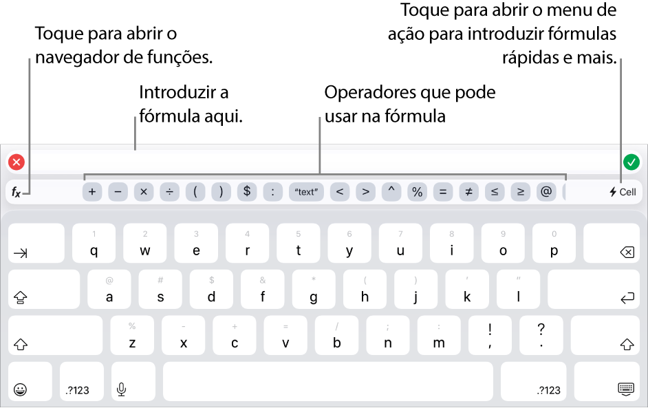 O teclado de fórmulas com o editor de fórmulas na parte superior e os operadores utilizados nas fórmulas por baixo. O botão "Funções” para abrir o navegador de funções está situado à esquerda dos operadores e o botão de menu de ação está situado à direita.