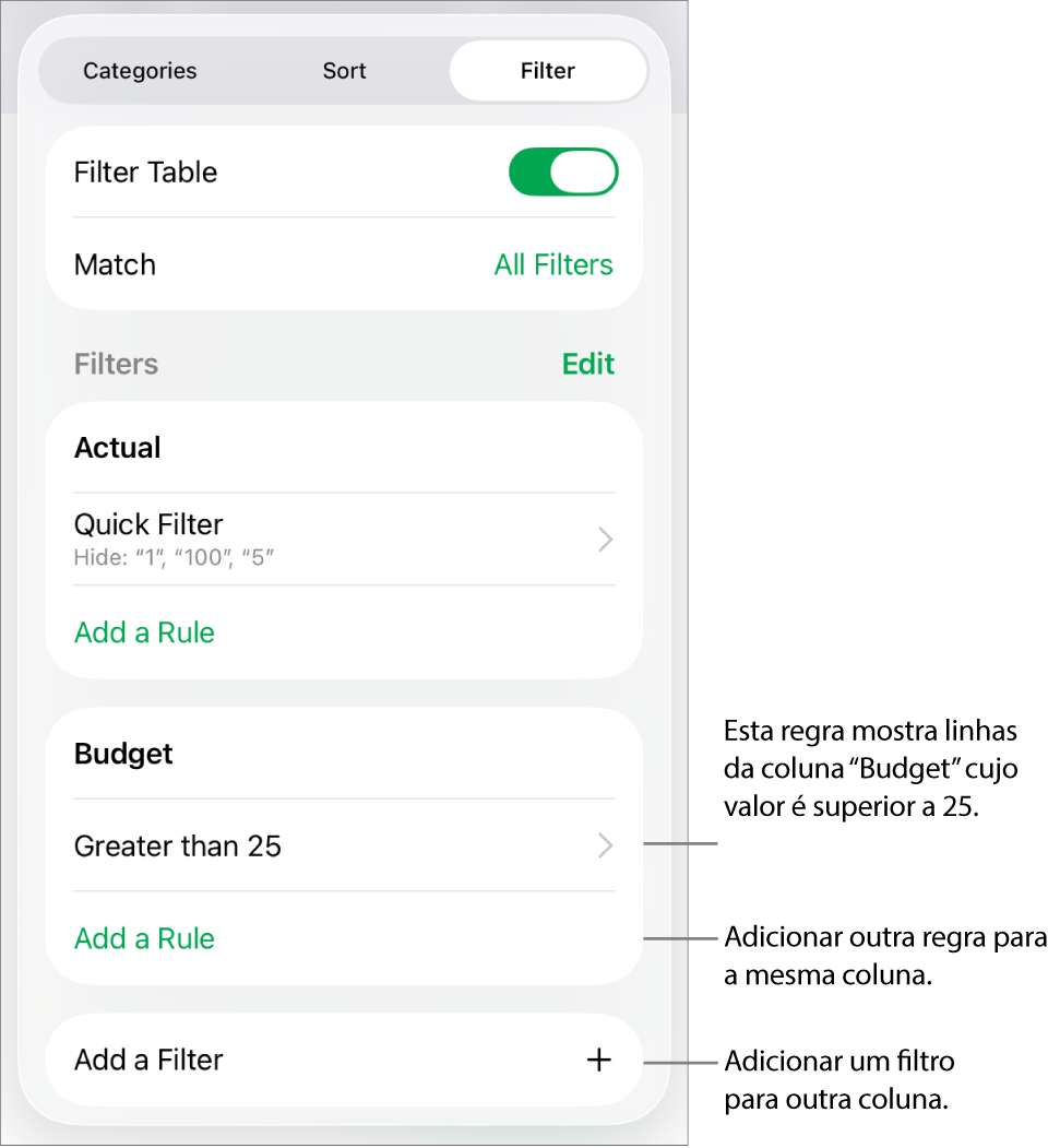 Controlos para adicionar novas regras de filtragem ou edição de regras existentes.