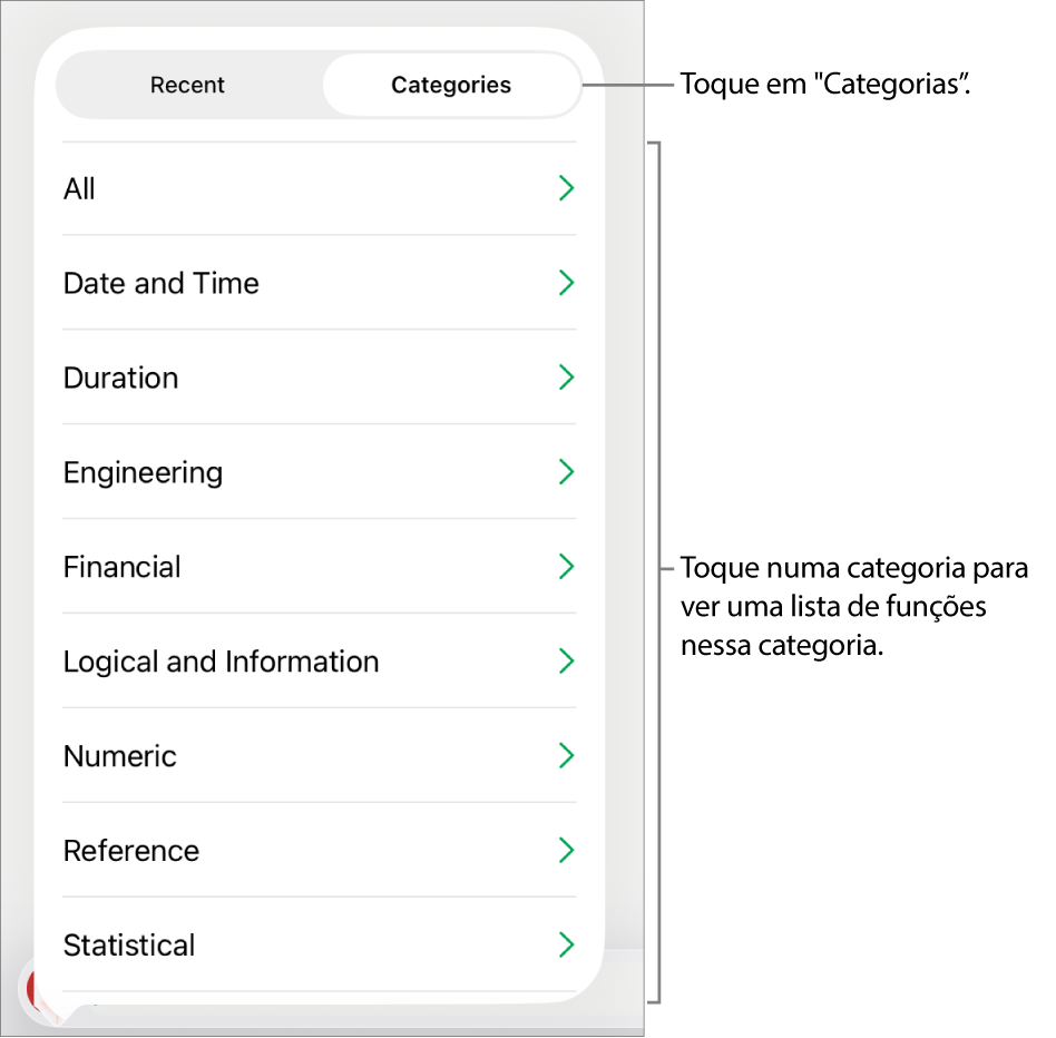 O navegador de funções com o botão "Categorias” selecionado e a lista de categorias por baixo.