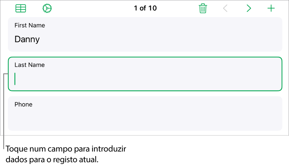 Um registo num formulário a mostrar um campo ativo com um ponto de inserção.