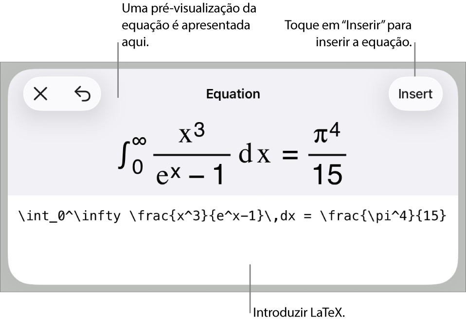 A caixa de diálogo “Equação”, apresentando uma equação escrita com recurso aos comandos LaTeX e uma pré-visualização da fórmula em cima.