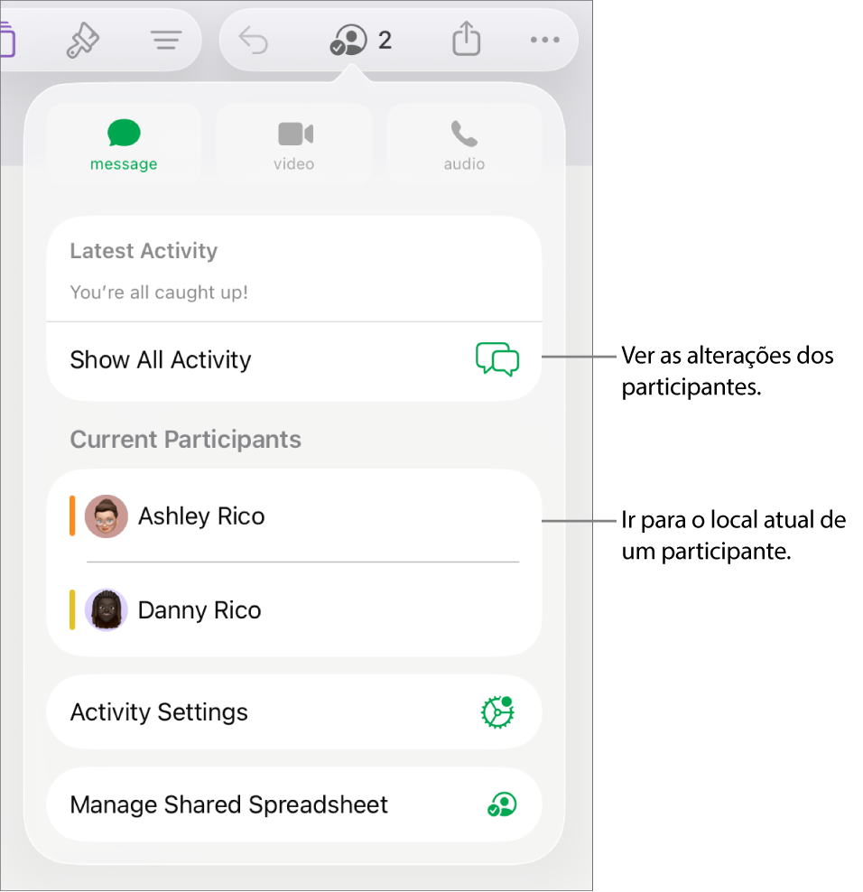O menu de colaboração com os participantes atuais listados.
